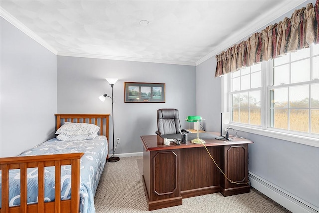 bedroom with baseboards, crown molding, baseboard heating, and light carpet