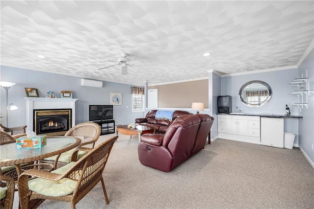 16 Elm Ave, Narragansett, RI 02882 - living area featuring a warm lit fireplace, ceiling fan, crown molding, light colored carpet, and baseboards