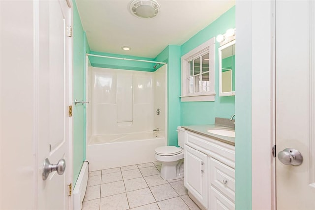 full bathroom featuring a baseboard heating unit,  shower combination, toilet, tile patterned flooring, and vanity