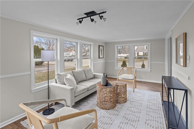 living room with plenty of natural light, baseboards, and wood finished floors