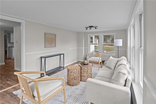 living area featuring track lighting, baseboards, and wood finished floors