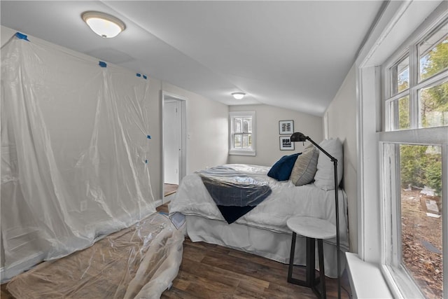 bedroom with wood finished floors, multiple windows, and vaulted ceiling