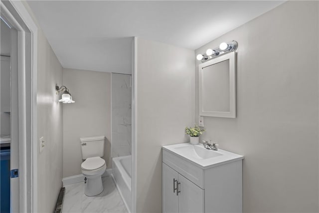full bathroom featuring baseboards, toilet, bathtub / shower combination, vanity, and marble finish floor