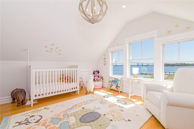 bedroom with a nursery area, lofted ceiling, a water view, and wood finished floors