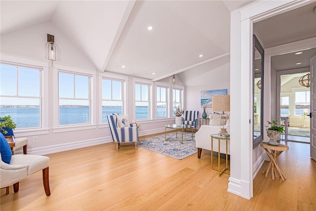 10 Coulter St, Jamestown, RI 02835 - sitting room featuring lofted ceiling, light wood-style floors, a water view, and recessed lighting