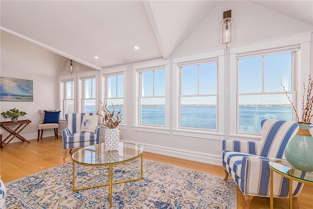 living area featuring vaulted ceiling, baseboards, and wood finished floors