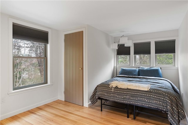 bedroom with wood finished floors, baseboards, and multiple windows
