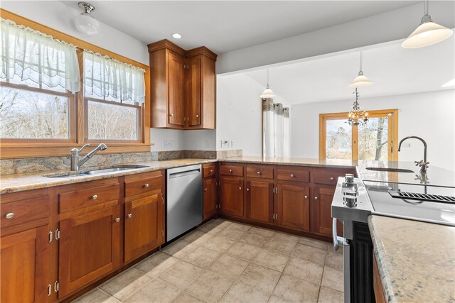 200 Pond St, South Kingstown, RI 02879 - kitchen with a sink, hanging light fixtures, brown cabinetry, and dishwasher