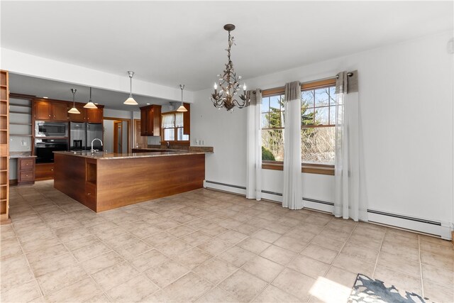 200 Pond St, South Kingstown, RI 02879 - kitchen featuring a baseboard heating unit, a chandelier, a peninsula, open shelves, and appliances with stainless steel finishes