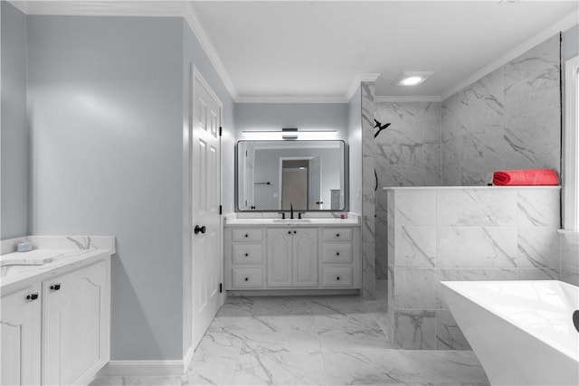 full bathroom featuring a freestanding tub, crown molding, vanity, a marble finish shower, and marble finish floor