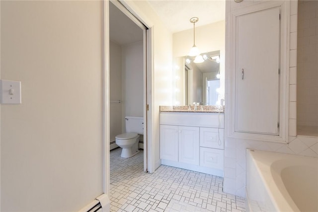 83 Wyndham Ave, Providence, RI 02908 - bathroom with toilet, a baseboard heating unit, vanity, and a bathtub