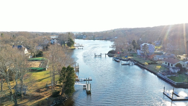property view of water with a dock