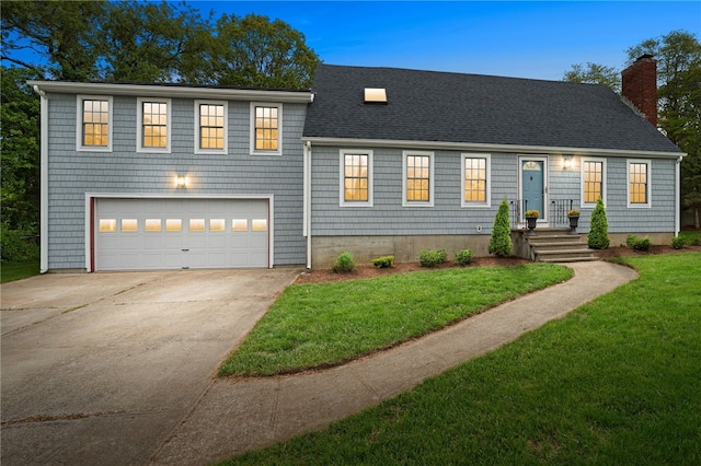 133 Old Pine Rd, Narragansett, RI 02882 - view of front facade with driveway, a chimney, a front yard, a garage, and roof with shingles