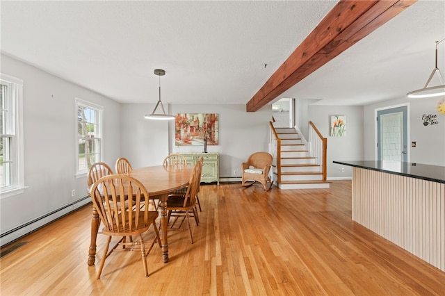 133 Old Pine Rd, Narragansett, RI 02882 - dining area with stairway, light wood-type flooring, a baseboard radiator, and beam ceiling