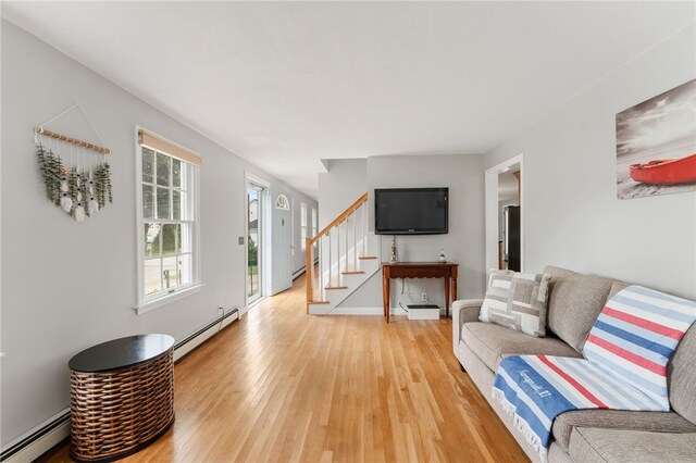 133 Old Pine Rd, Narragansett, RI 02882 - living area featuring a baseboard radiator, stairway, light wood-style floors, and baseboards