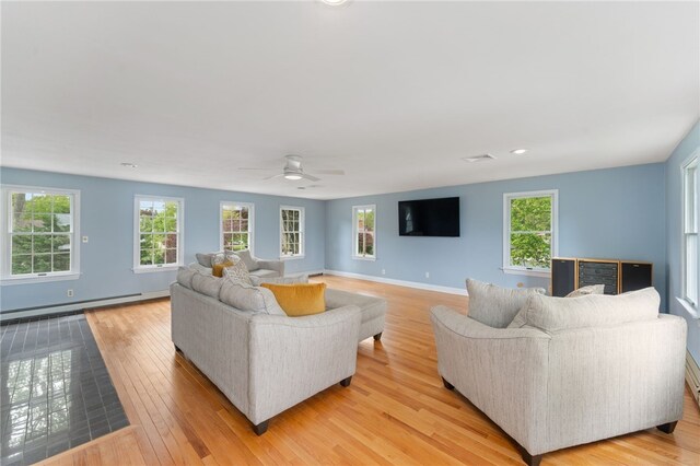 133 Old Pine Rd, Narragansett, RI 02882 - living area featuring a baseboard heating unit, plenty of natural light, light wood-style flooring, ceiling fan, and recessed lighting