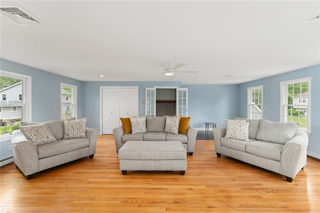 133 Old Pine Rd, Narragansett, RI 02882 - living room featuring light wood finished floors, healthy amount of natural light, recessed lighting, and ceiling fan