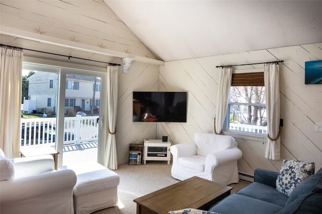 carpeted living room featuring a baseboard radiator and lofted ceiling