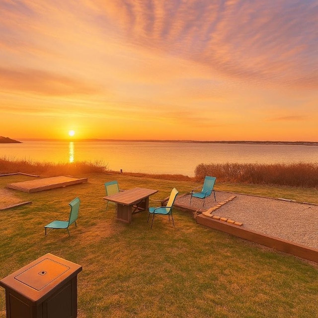 exterior space with a water view and a yard