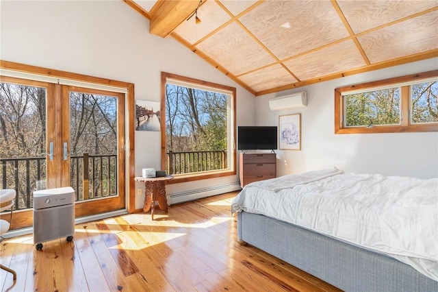 bedroom with lofted ceiling with beams, an AC wall unit, hardwood / wood-style floors, and baseboard heating