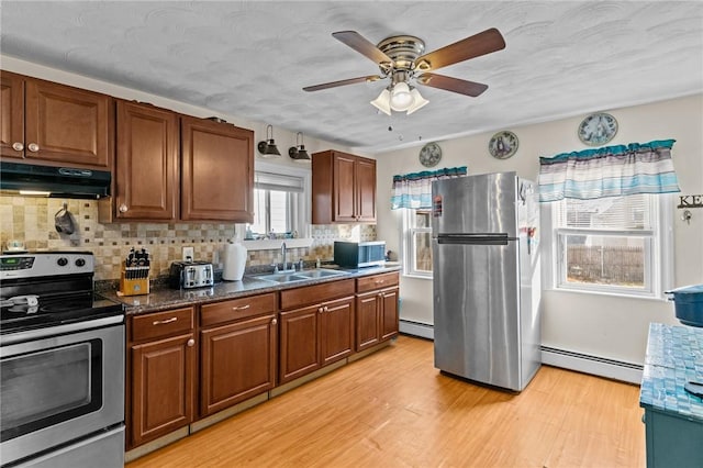 77 Seamans St, Providence, RI 02908 - kitchen with a sink, appliances with stainless steel finishes, a baseboard heating unit, and under cabinet range hood