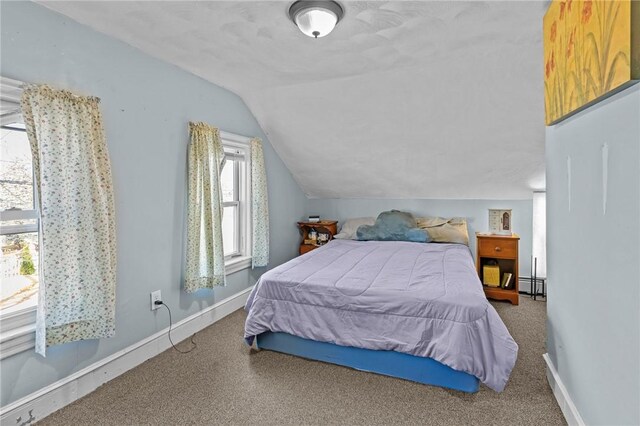 77 Seamans St, Providence, RI 02908 - bedroom featuring carpet floors, a baseboard radiator, baseboards, and lofted ceiling