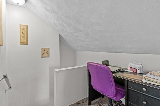 77 Seamans St, Providence, RI 02908 - office area featuring carpet, lofted ceiling, and a textured ceiling