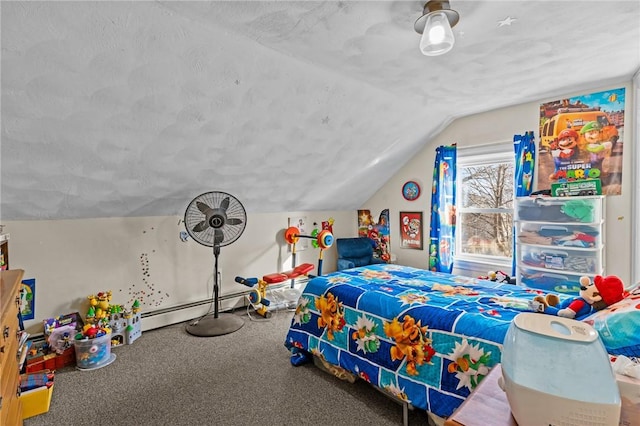 77 Seamans St, Providence, RI 02908 - bedroom with a textured ceiling, a baseboard heating unit, carpet, and lofted ceiling