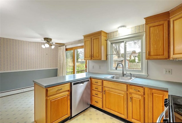 kitchen with light floors, electric range, a peninsula, dishwasher, and a sink