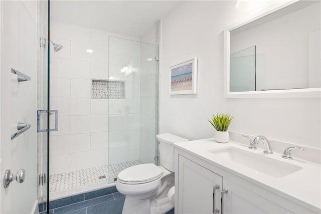 full bath featuring vanity, a shower stall, and toilet