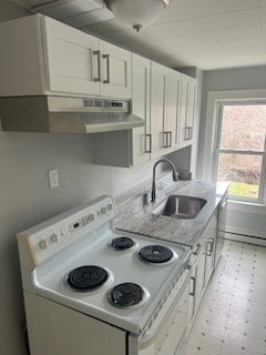 196 Columbia St, South Kingstown, RI 02879 - kitchen featuring a sink, under cabinet range hood, white cabinetry, white range with electric cooktop, and light stone countertops