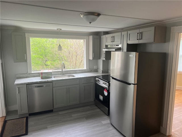 196 Columbia St, South Kingstown, RI 02879 - kitchen with a sink, stainless steel appliances, under cabinet range hood, and gray cabinets
