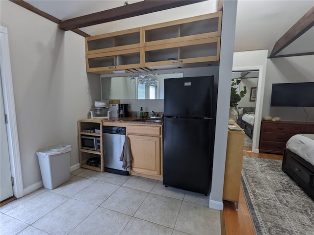 33 Almy St, Newport, RI 02840 - kitchen featuring freestanding refrigerator, light tile patterned flooring, stainless steel dishwasher, a sink, and light brown cabinetry