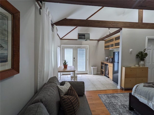 33 Almy St, Newport, RI 02840 - living area featuring light wood-type flooring, french doors, lofted ceiling with beams, and baseboards