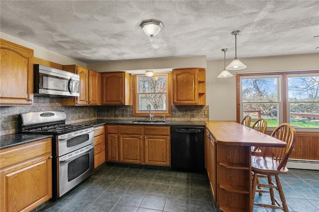 kitchen with open shelves, a sink, appliances with stainless steel finishes, a peninsula, and backsplash