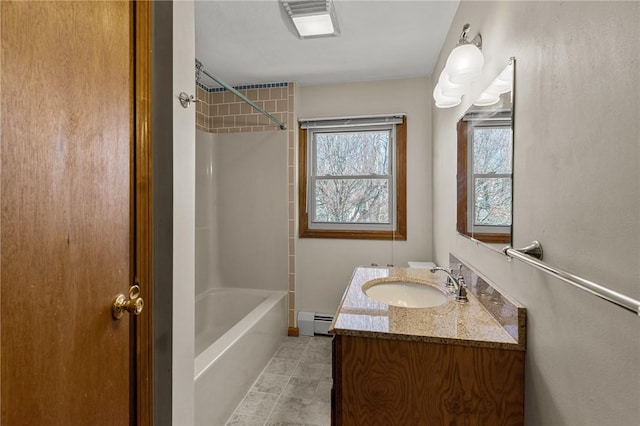 full bathroom featuring tub / shower combination, vanity, visible vents, a baseboard radiator, and tile patterned floors