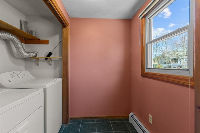 laundry room with baseboards, laundry area, dark tile patterned flooring, washing machine and dryer, and a baseboard heating unit
