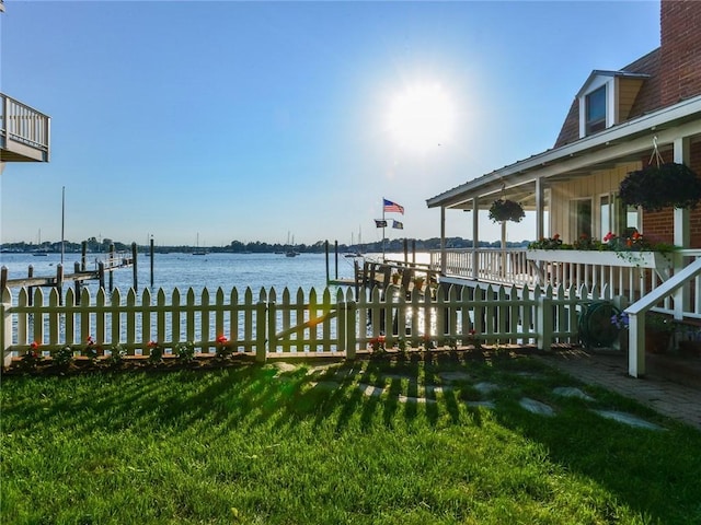 1597 Main Rd, Tiverton, RI 02878 - dock area featuring a yard, a water view, and fence