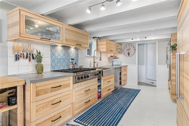 1597 Main Rd, Tiverton, RI 02878 - kitchen featuring beam ceiling, a sink, tasteful backsplash, light brown cabinets, and appliances with stainless steel finishes