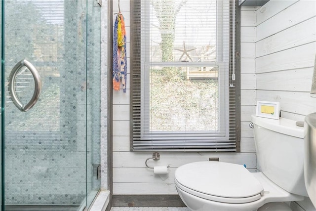 1597 Main Rd, Tiverton, RI 02878 - bathroom with toilet, wooden walls, and a stall shower