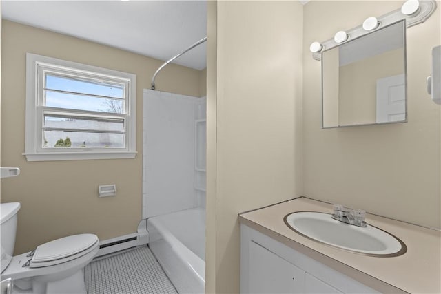 345 Post Rd, Warwick, RI 02888 - full bathroom featuring bathtub / shower combination, vanity, baseboard heating, toilet, and tile patterned floors