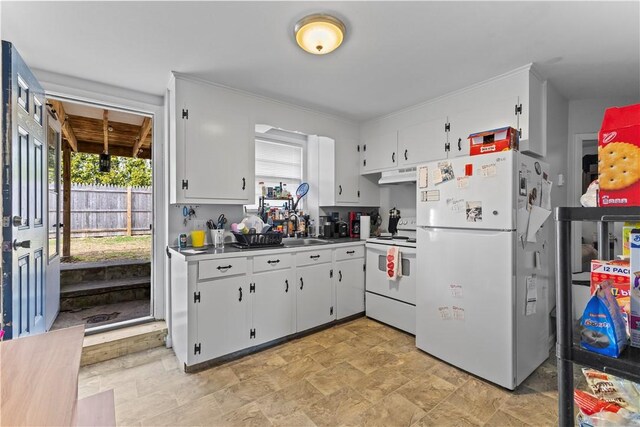345 Post Rd, Warwick, RI 02888 - kitchen featuring under cabinet range hood, white appliances, white cabinetry, and a sink