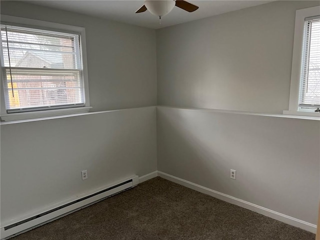 345 Post Rd, Warwick, RI 02888 - unfurnished room with dark carpet, baseboards, a ceiling fan, and a baseboard heating unit