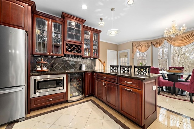 174 Windmill Dr, South Kingstown, RI 02879 - bar featuring a dry bar, wine cooler, light tile patterned flooring, and stainless steel appliances