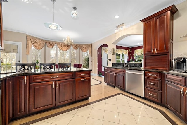 174 Windmill Dr, South Kingstown, RI 02879 - kitchen featuring light tile patterned flooring, dark brown cabinets, arched walkways, dishwasher, and a notable chandelier