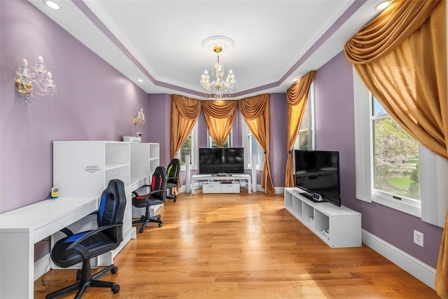 174 Windmill Dr, South Kingstown, RI 02879 - office space with light wood-type flooring, baseboards, a tray ceiling, and a chandelier