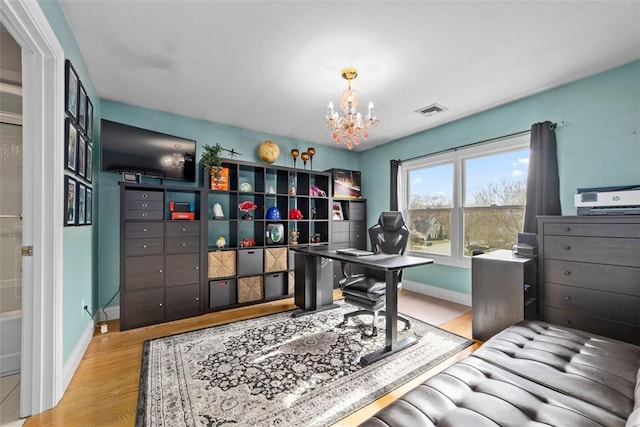 174 Windmill Dr, South Kingstown, RI 02879 - office space featuring a chandelier, baseboards, visible vents, and wood finished floors