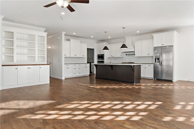 kitchen with stainless steel fridge with ice dispenser, dark wood-style floors, backsplash, a breakfast bar area, and ceiling fan