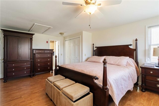 bedroom featuring light wood-type flooring, attic access, a ceiling fan, and a closet