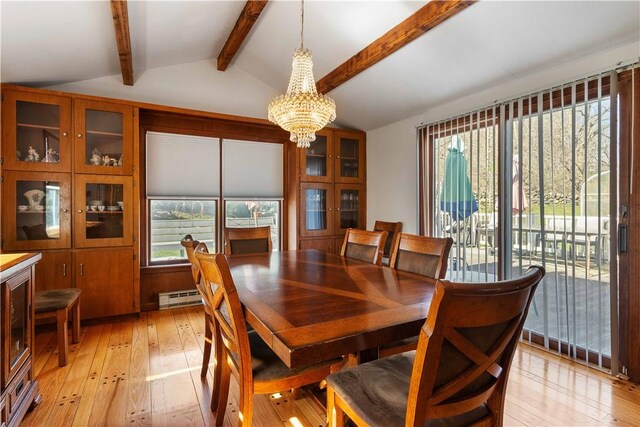 dining space featuring light wood finished floors, an inviting chandelier, vaulted ceiling with beams, and a baseboard radiator